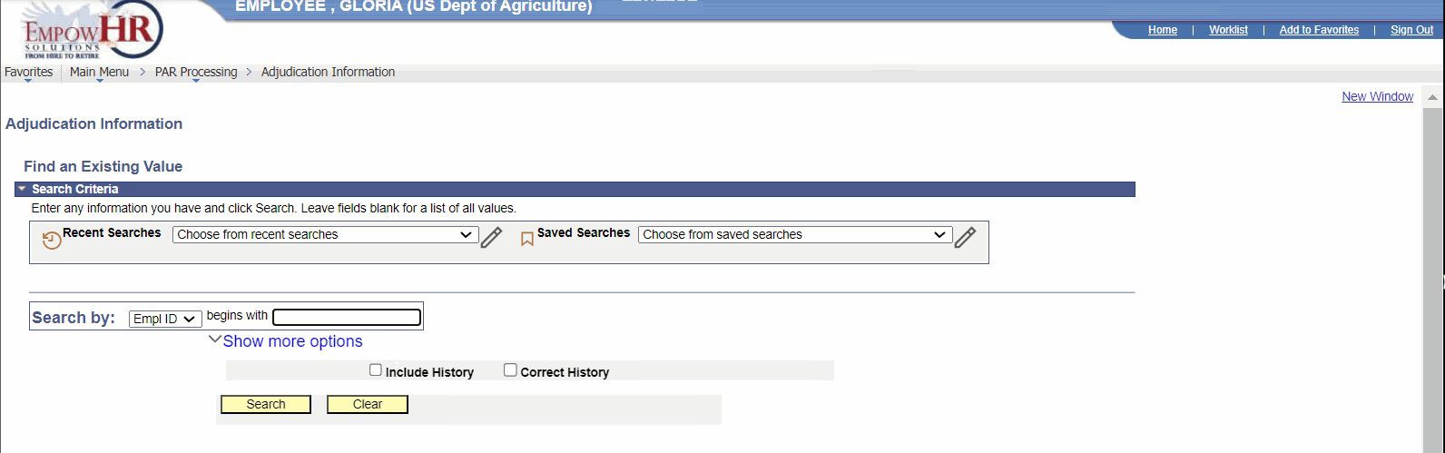 Adjudication Information Page - Find an Existing Value
